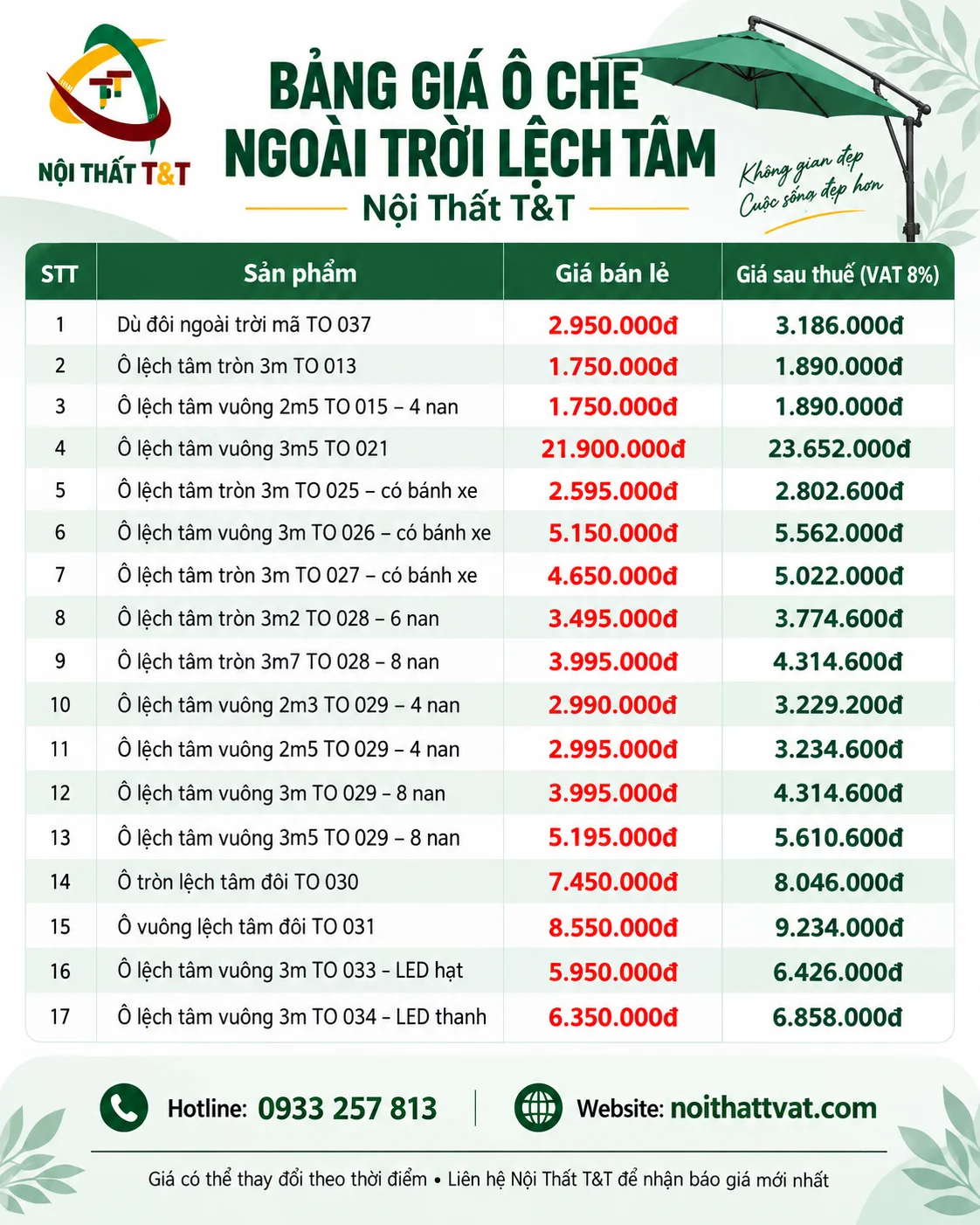 giá ô che nắng ngoài trời lệch tâm Nội thất T&T